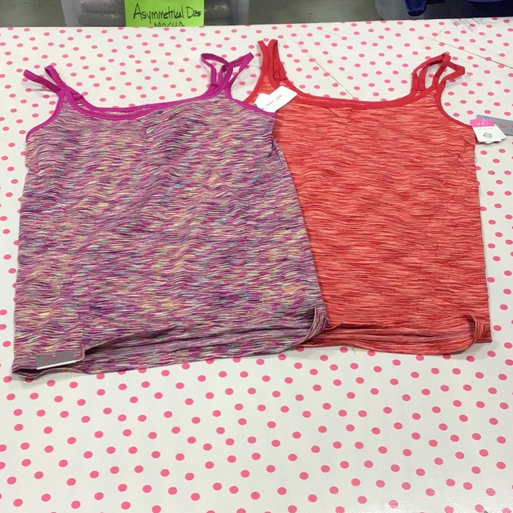 2 tanks with built in bra, size L/XL RUNS SMALL, pink and red